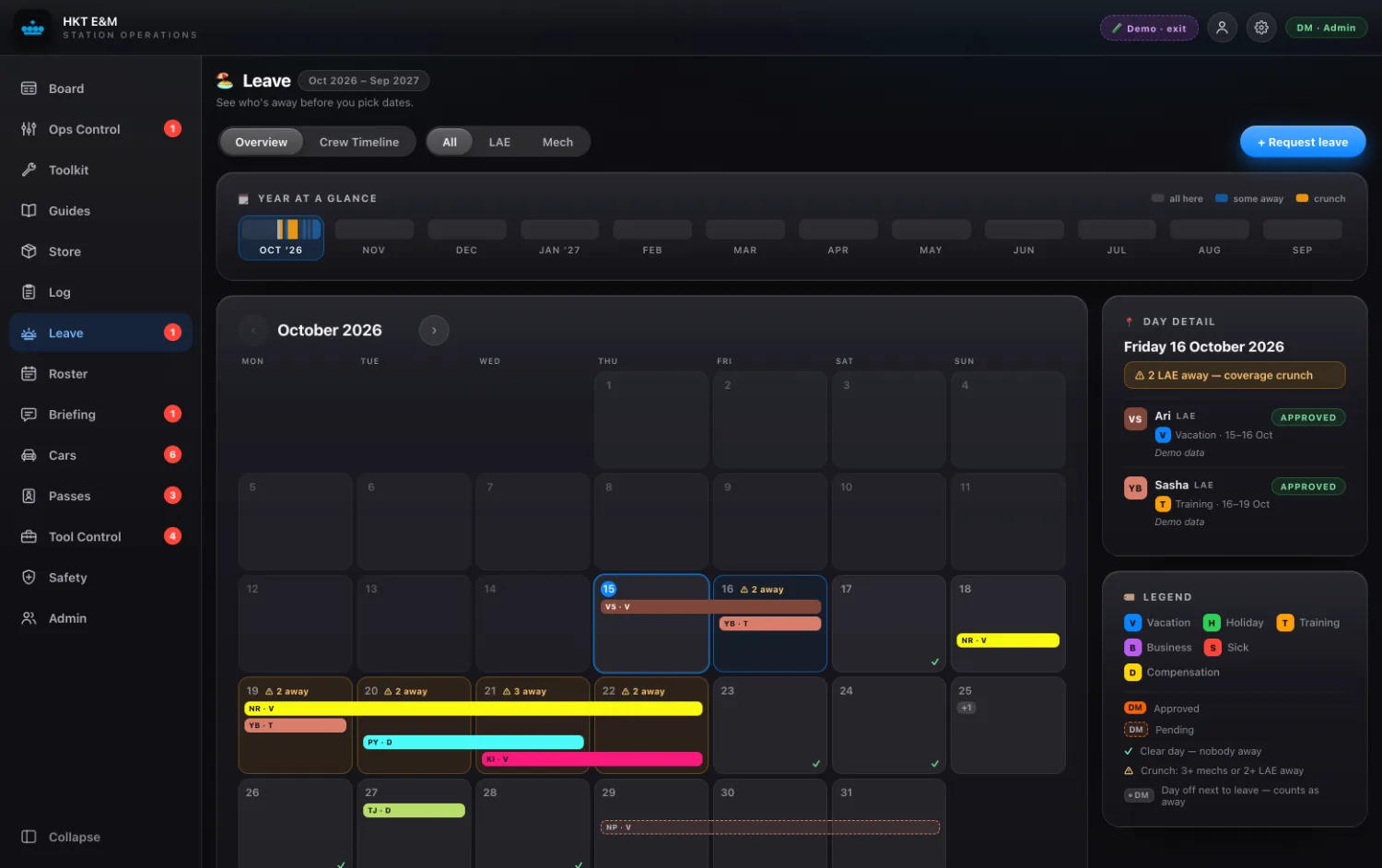 The leave calendar for the month, a busy day tapped so the day detail lists who is away