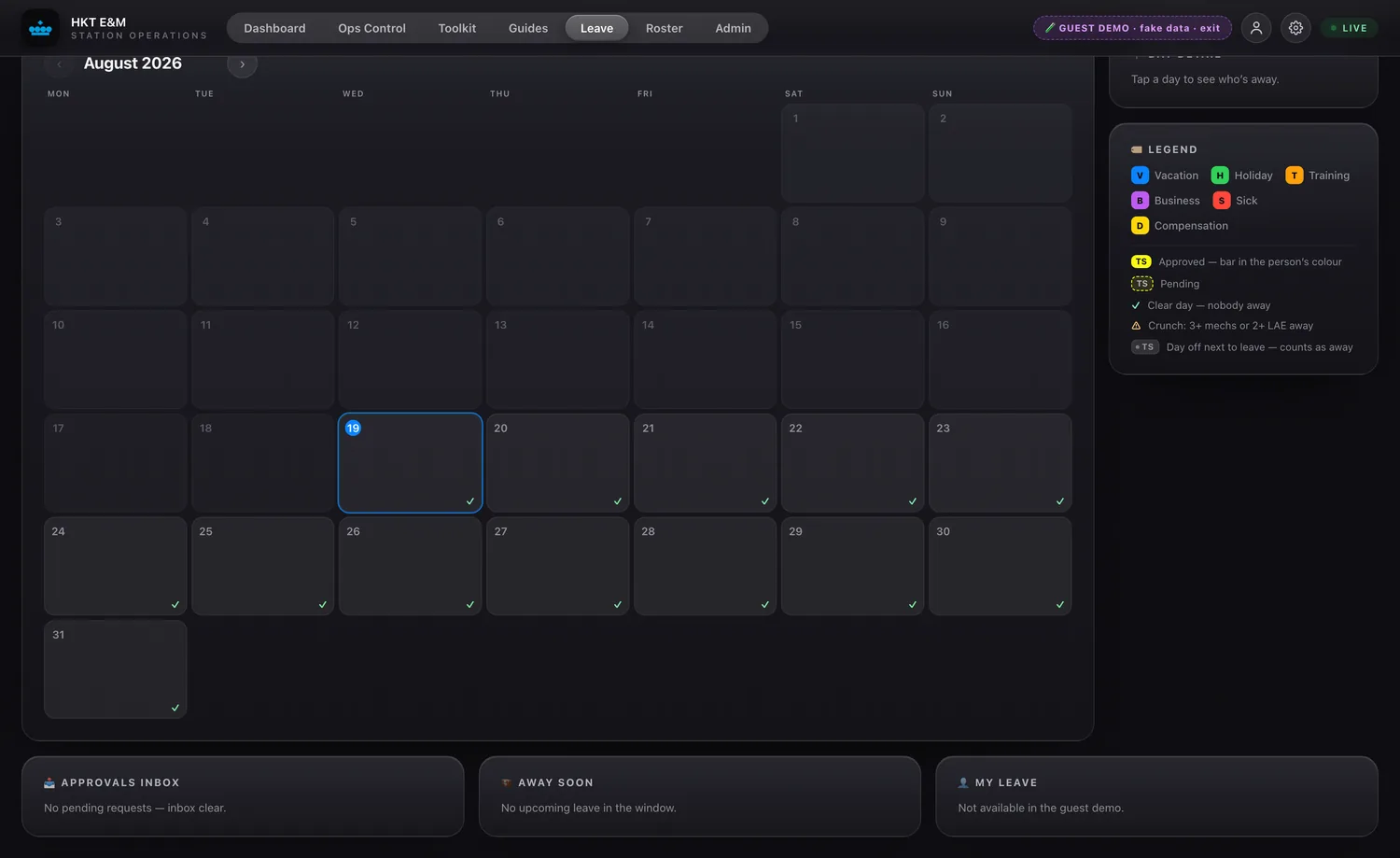 The leave module showing a rolling twelve-month calendar with a legend for leave kinds and coverage warnings