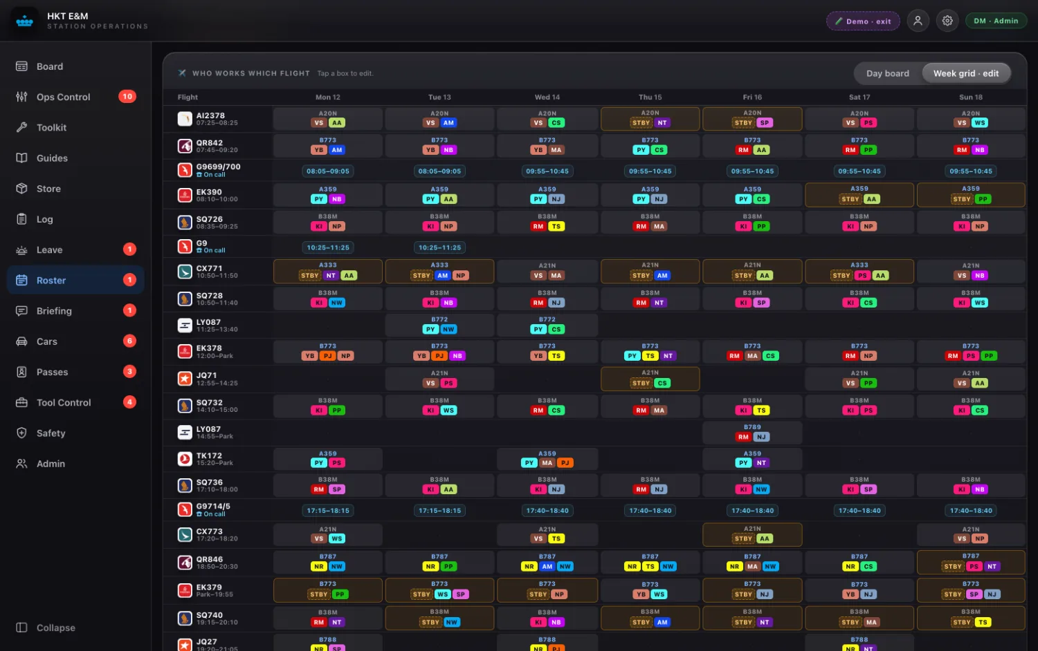 The auto-roster's draft week: who works which flight, day by day, with the standby slots marked